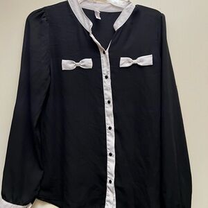 Xhilaration Black and White Blouse with Bow Accents